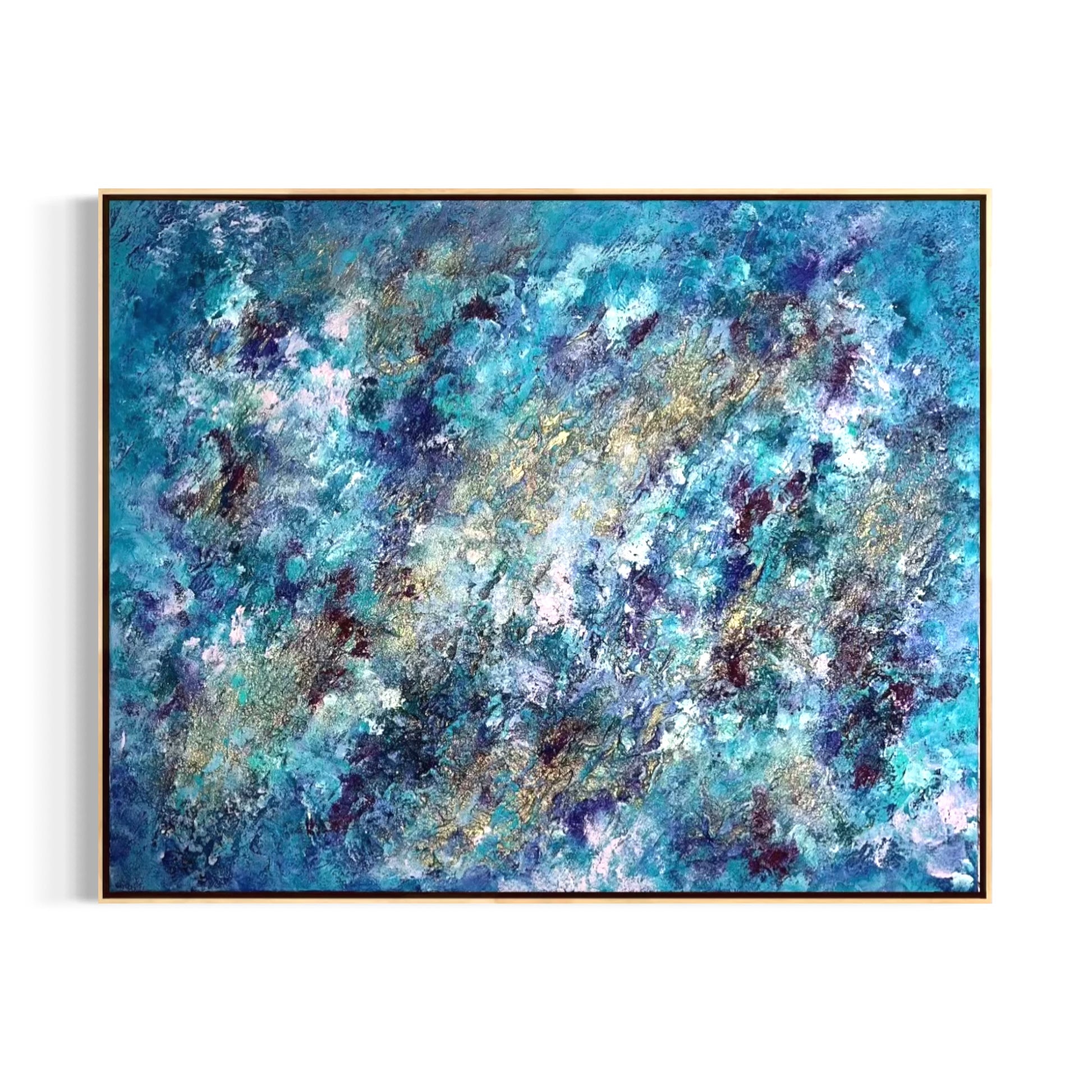 "Alchemy of the Soul", exklusives abstraktes Kunstwerk von Sabine Runge in Blau, Lila, Türkis und Gold, moderne abstrakte Malerei, gerahmt in Schattenfuge
