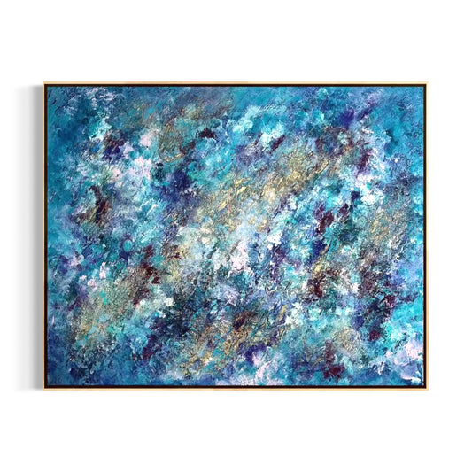 "Alchemy of the Soul", exklusives abstraktes Kunstwerk von Sabine Runge in Blau, Lila, Türkis und Gold, moderne abstrakte Malerei, gerahmt in Schattenfuge