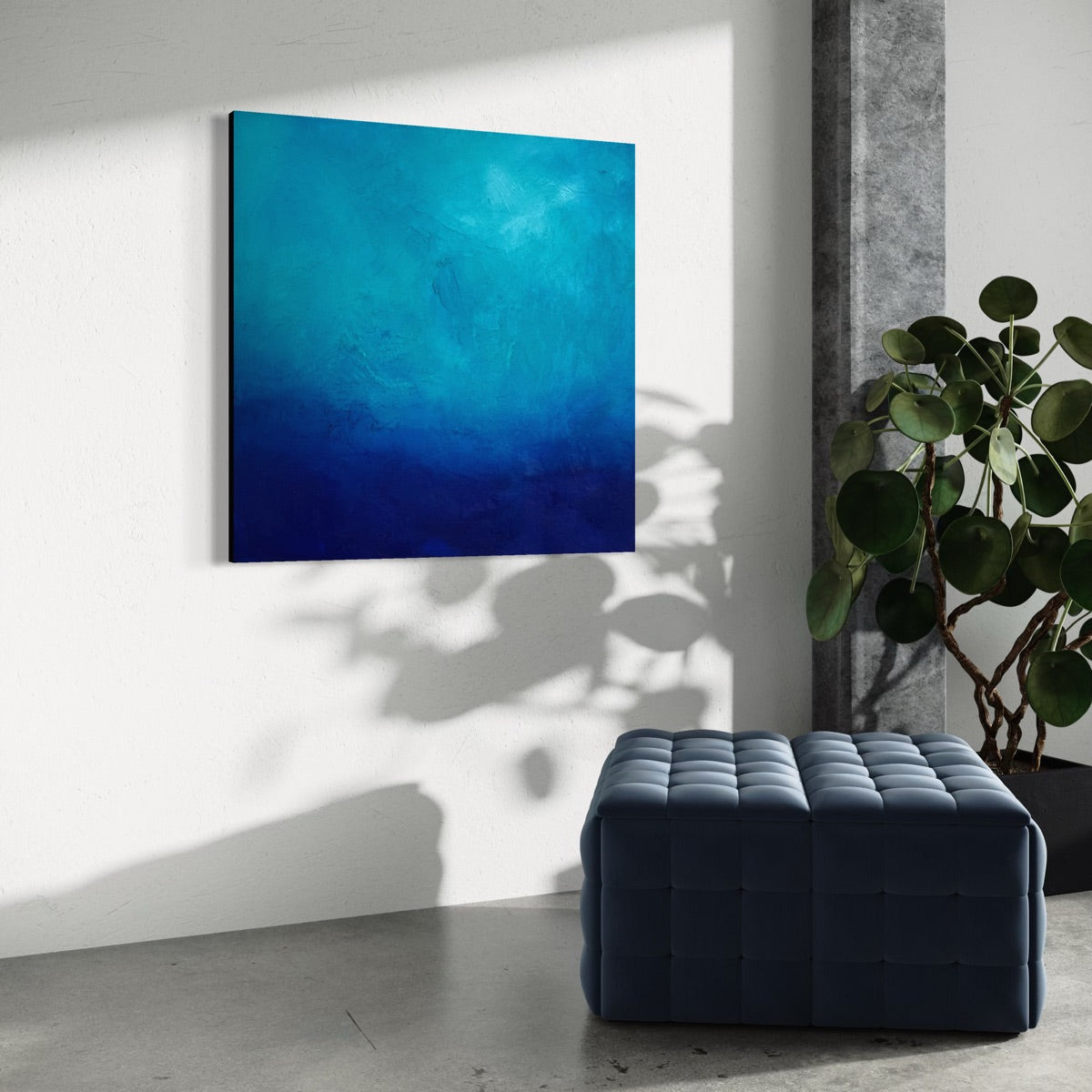 Zeitgenössisches abstraktes Kunstwerk in maritimem Blau und Türkis als Fokuspunkt für exklusive Innenarchitektur und repräsentative Räume.
