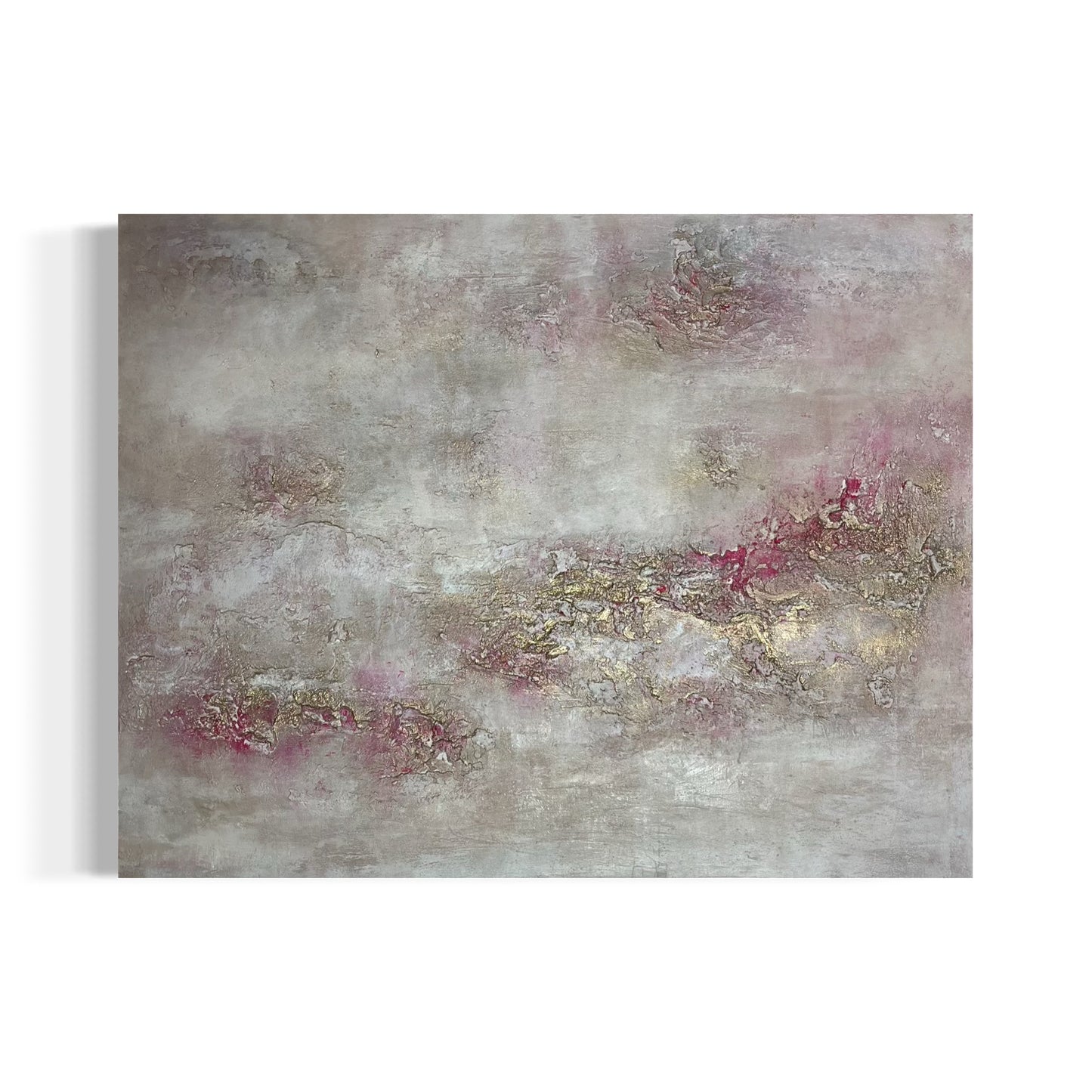 „Elysium, exklusives abstraktes Kunstunikat von Sabine Runge in Sand mit Gold- und Pink-Akzenten und strukturierter Oberfläche, moderne abstrakte Malerei“