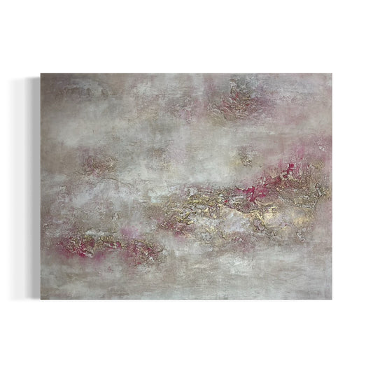 „Elysium, exklusives abstraktes Kunstunikat von Sabine Runge in Sand mit Gold- und Pink-Akzenten und strukturierter Oberfläche, moderne abstrakte Malerei“