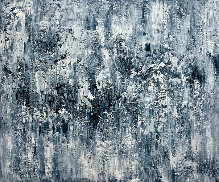 Abstraktes Originalgemälde Before the Storm – freigestellt, Acryl und Strukturpaste in Paynesgrey und Weiß, 120 x 100 cm, Sabine Runge Painting