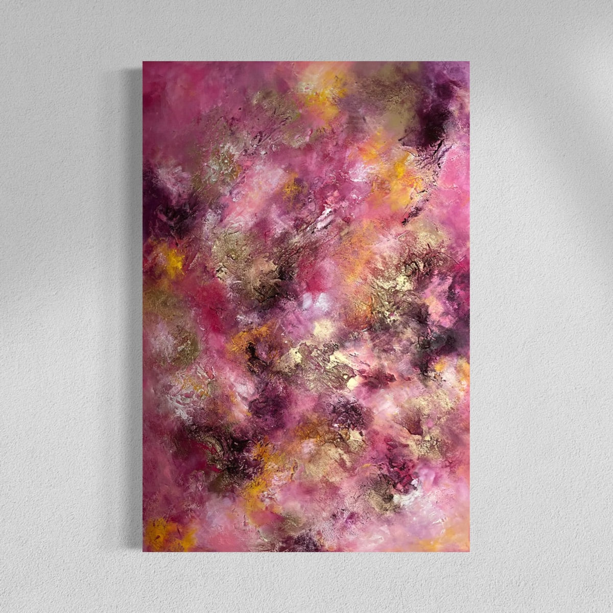 Abstraktes Originalgemälde Magnolia – Acryl, Acrylgold und Rügener Kreide in Pink, Magenta und Dunkelviolett, 120 x 80 cm, Galerieleinwand, Sabine Runge Painting, Inner Voice Kollektion