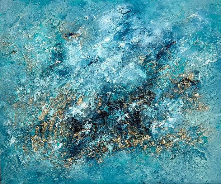 Freigestelltes originales Acrylbild Deep Ocean Gold ohne Hintergrund – Modernes abstraktes Kunstwerk für Wohnzimmer und Büro.