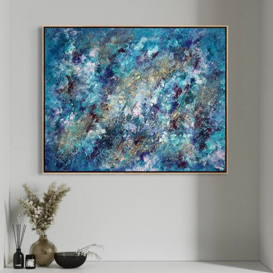 "Alchemy of the Soul" abstraktes Kunstwerk von Sabine Runge in Blau, Lila, Türkis und Gold, moderne abstrakte Malerei im luxuriösen Interior