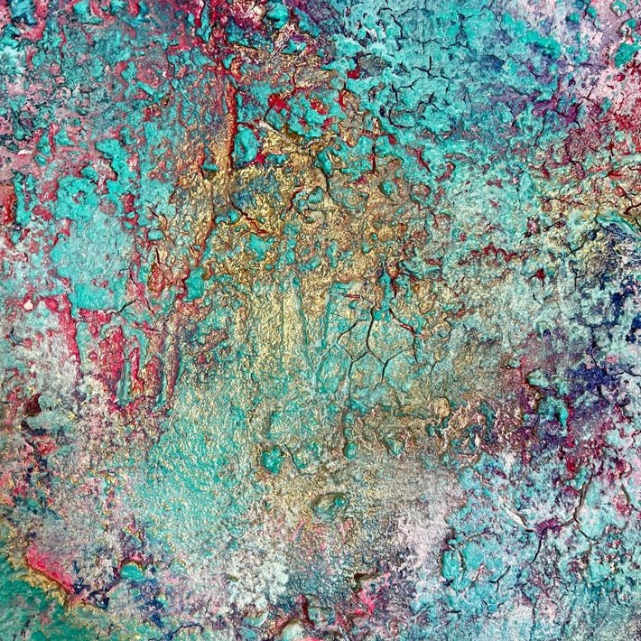 „Dopamine Rush", Detailansicht des abstrakten Kunstwerks von Sabine Runge, farbenfroh, bunt und auffällig mit Gold und strukturierter Oberfläche, moderne abstrakte Malerei