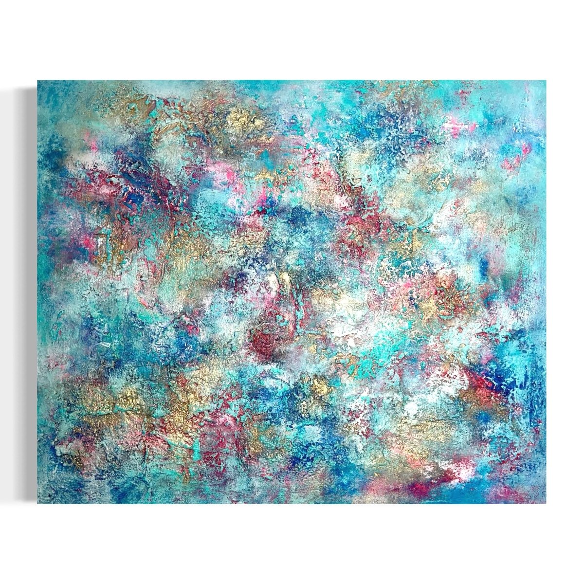 „Dopamine Rush", exklusives abstraktes Kunstwerk von Sabine Runge, bunt, farbenfroh und auffällig mit Gold und strukturierter Oberfläche, moderne abstrakte Malerei