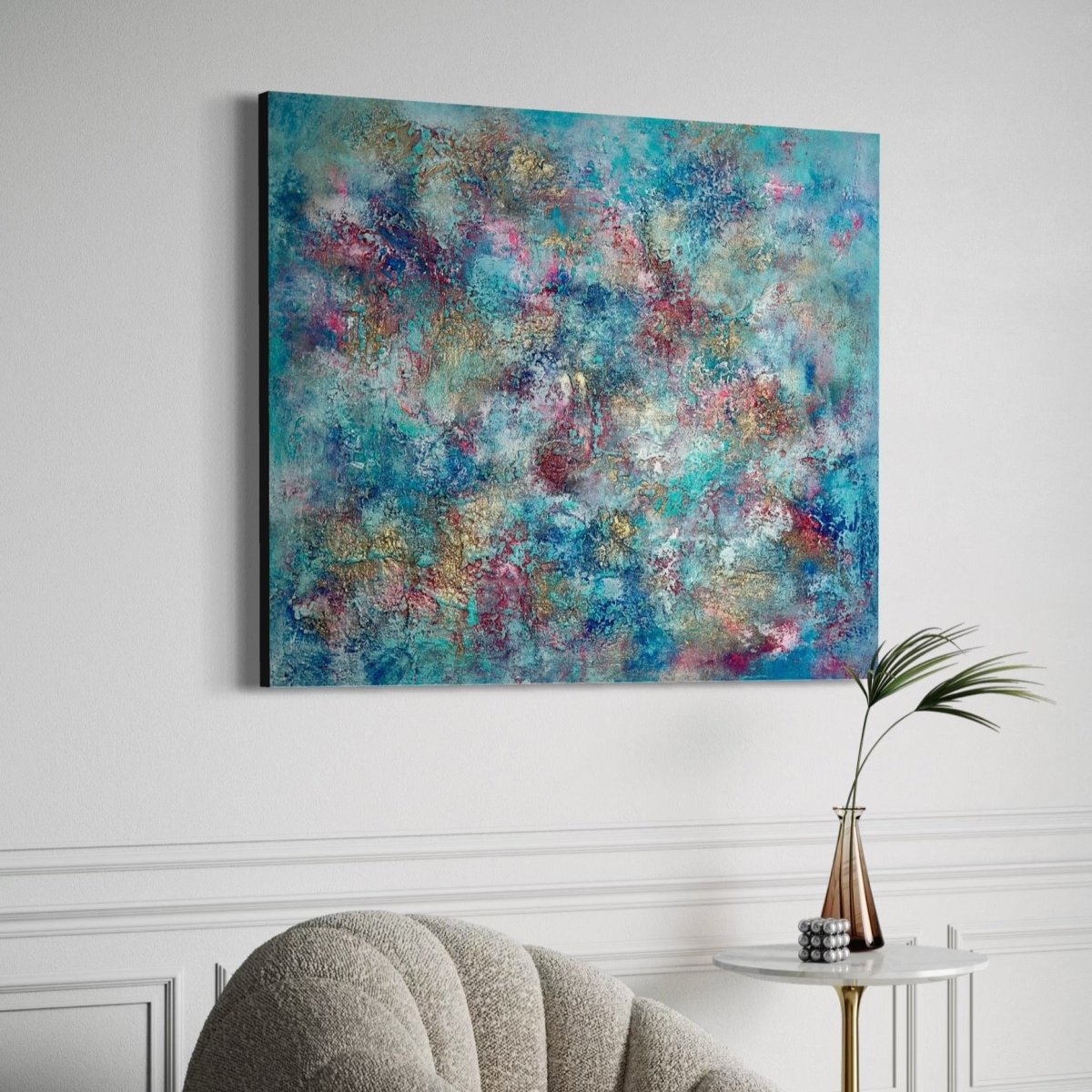 „Dopamine Rush, abstraktes Kunstwerk von Sabine Runge, farbenfroh, bunt, auffällig mit Gold und strukturierter Oberfläche, moderne abstrakte Malerei im Luxus-Interior