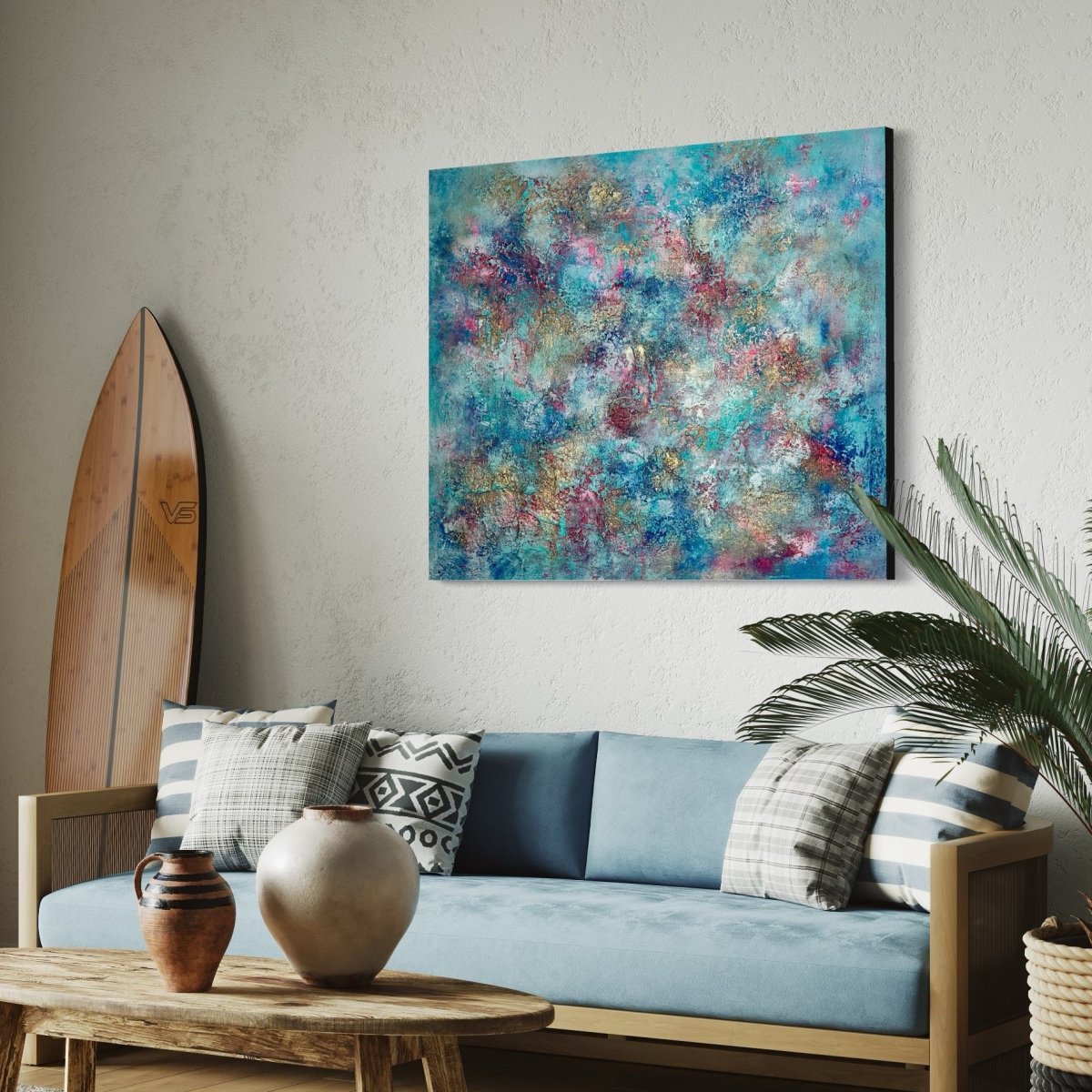 Exklusives Kunstwerk "Dopamine Rush" von Sabine Runge, moderne abstrakte Malerei in bunten, auffälligen Farben mit Gold und Struktur, elegant im Interior präsentiert