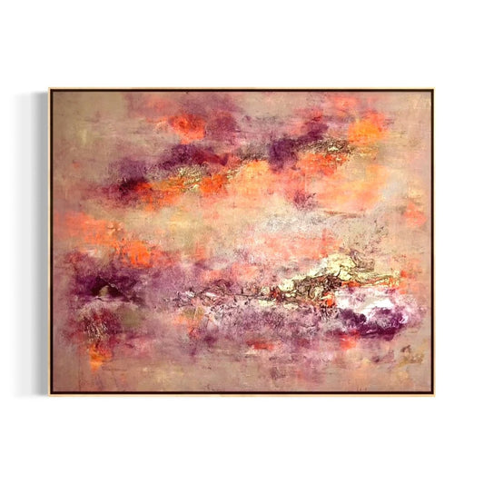 „Flames of Renewal", exklusives abstraktes Kunstwerk von Sabine Runge in Orange, Sand, Gold und Beere, moderne abstrakte Malerei, weiß gerahmt in Schattenfuge