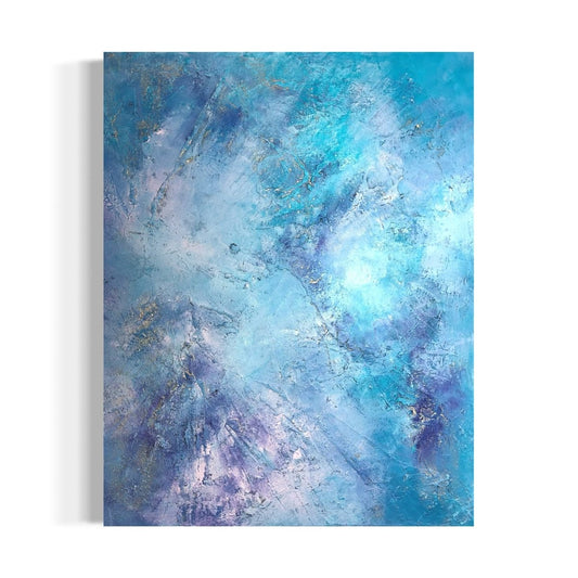 „Fleur de Ibiza", exklusives abstraktes Kunstwerk von Sabine Runge in Hellblau, Gold und Pastellrosa mit feiner Struktur, moderne abstrakte Malerei