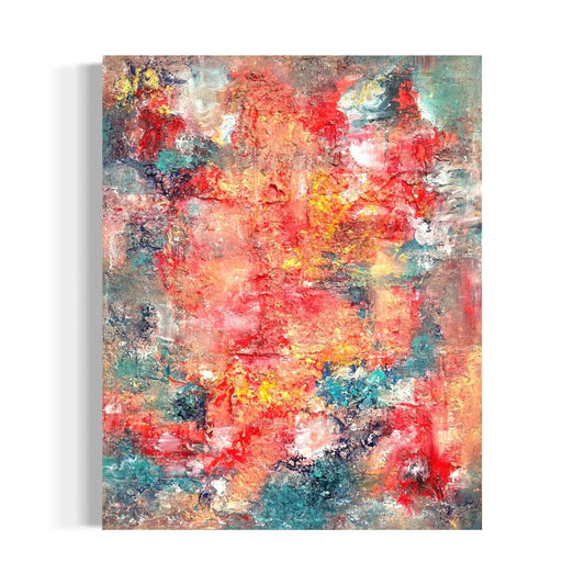 „Forged in Chaos", exklusives abstraktes Kunstwerk von Sabine Runge in Rot, Orange und bunten warmen Tönen mit unverkennbarer Struktur, moderne abstrakte Malerei