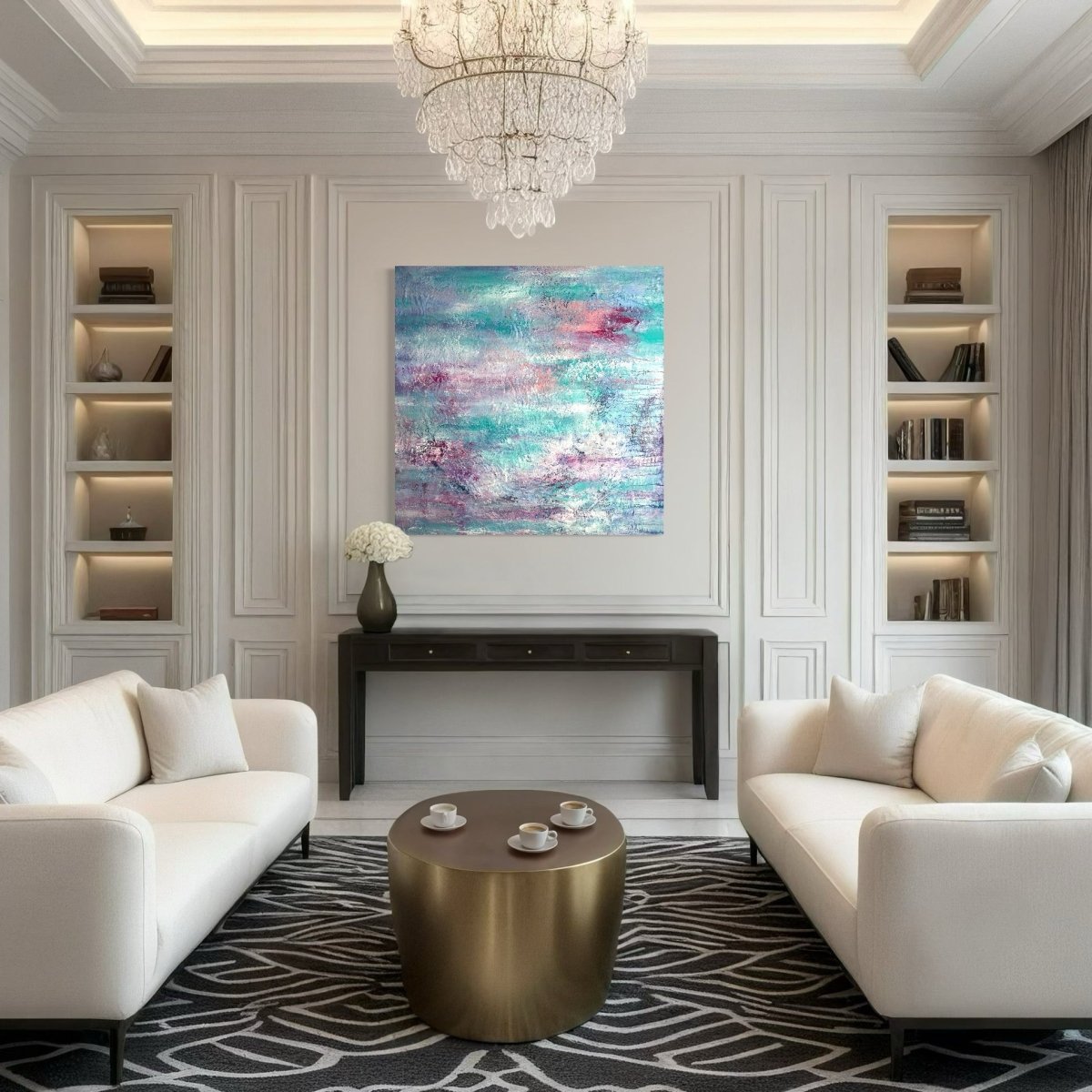 „Key West", abstraktes Kunstwerk von Sabine Runge in Rosa, Türkis, Weiß, helle mediterrane Farbtöne, strukturierte Oberfläche, moderne abstrakte Malerei im stilvollen Luxus-Interior
