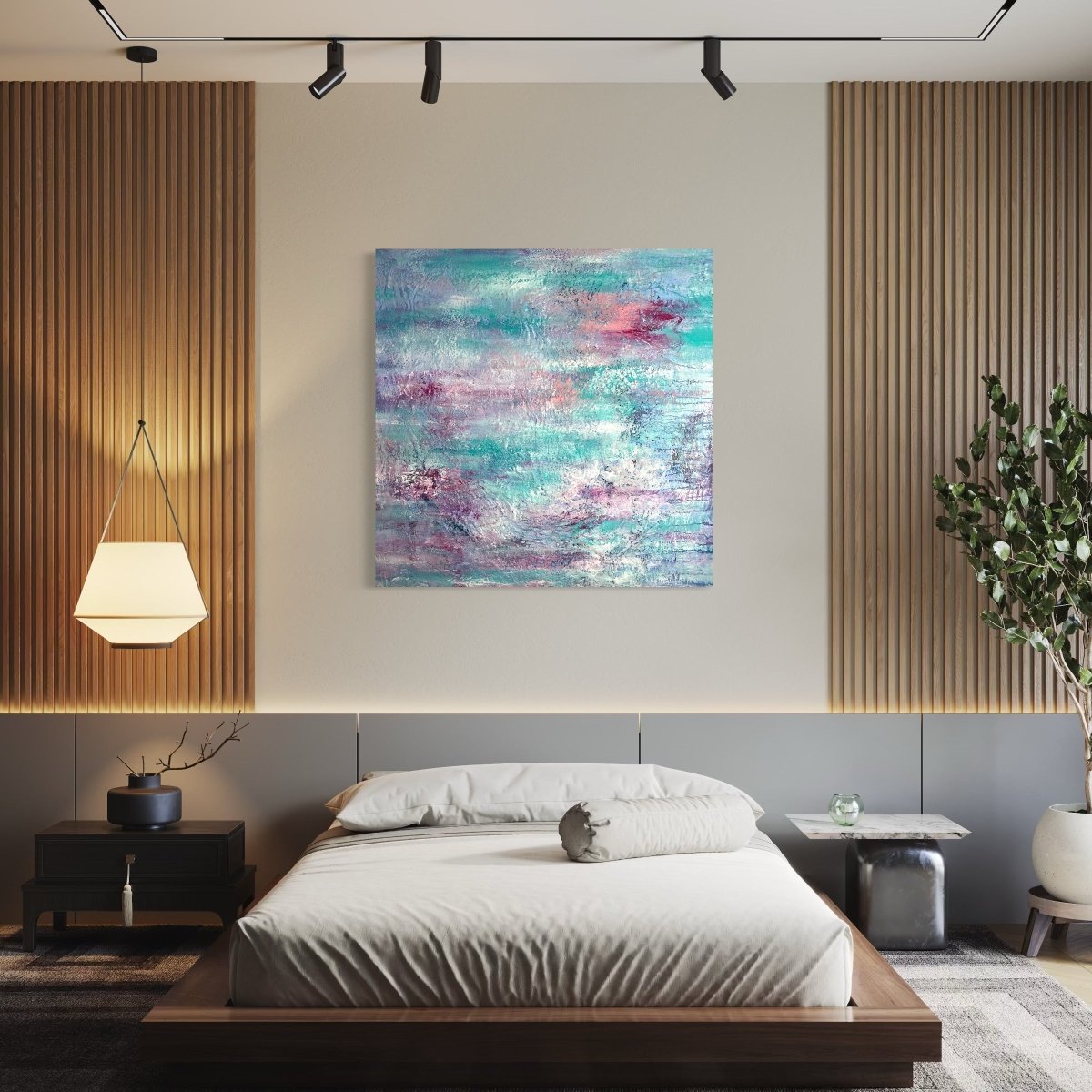 „Key West", abstraktes Kunstwerk von Sabine Runge in Rosa, Türkis, Weiß und hellen mediterranen Farbtönen mit Struktur, moderne abstrakte Malerei stilvoll präsentiert im eleganten Interior