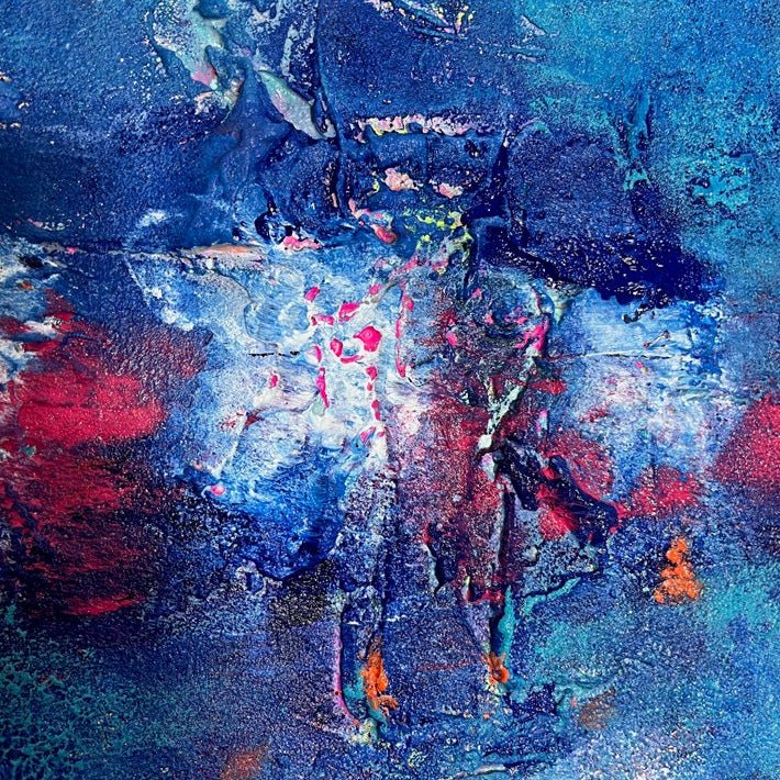 „La Mer", Detailansicht abstraktes Kunstwerk von Sabine Runge in Dunkelblau mit bunten Akzenten und feiner Struktur, moderne abstrakte Malerei
