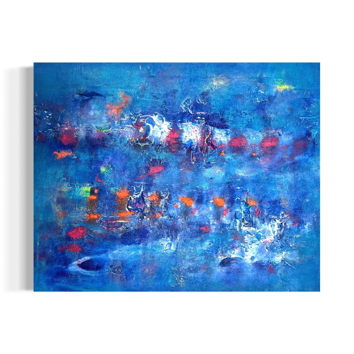 „La Mer", exklusives abstraktes Kunstwerk von Sabine Runge in Dunkelblau mit starken bunten Akzenten und feiner Struktur, moderne abstrakte Malerei