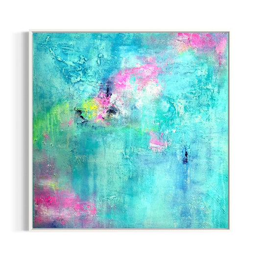 „Lost in Paradise", exklusives abstraktes Kunstwerk von Sabine Runge in Türkisgrün und Pink mit feiner Struktur, moderne abstrakte Malerei, weiß gerahmt in Schattenfuge