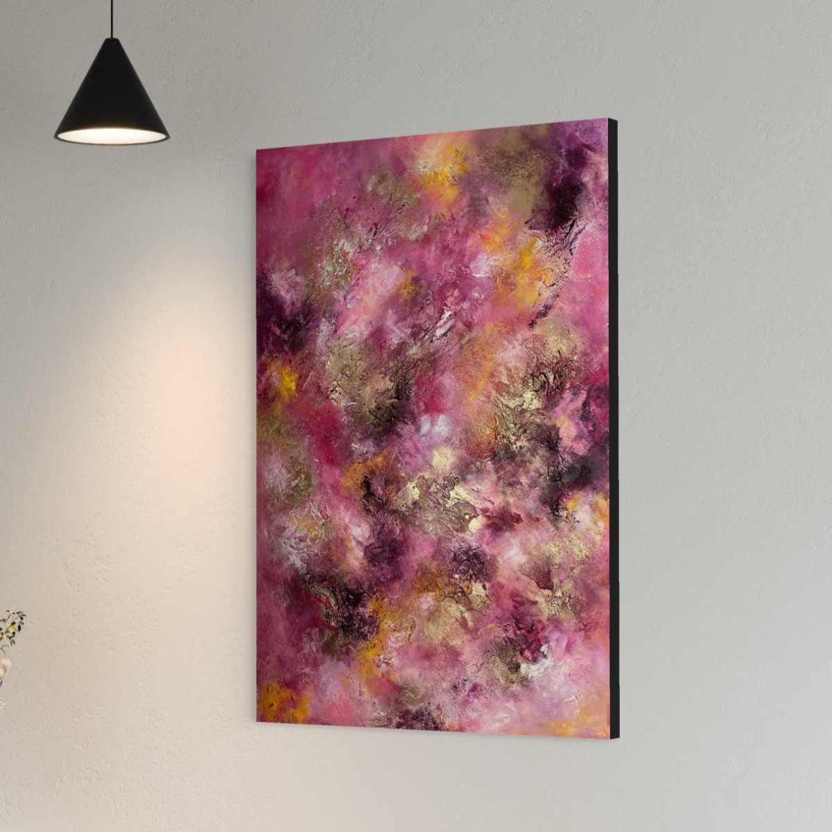 „Magnolia", exklusives abstraktes Kunstwerk von Sabine Runge, bunt, farbenfroh und auffällig mit Gold und strukturierter Oberfläche, moderne abstrakte Malerei