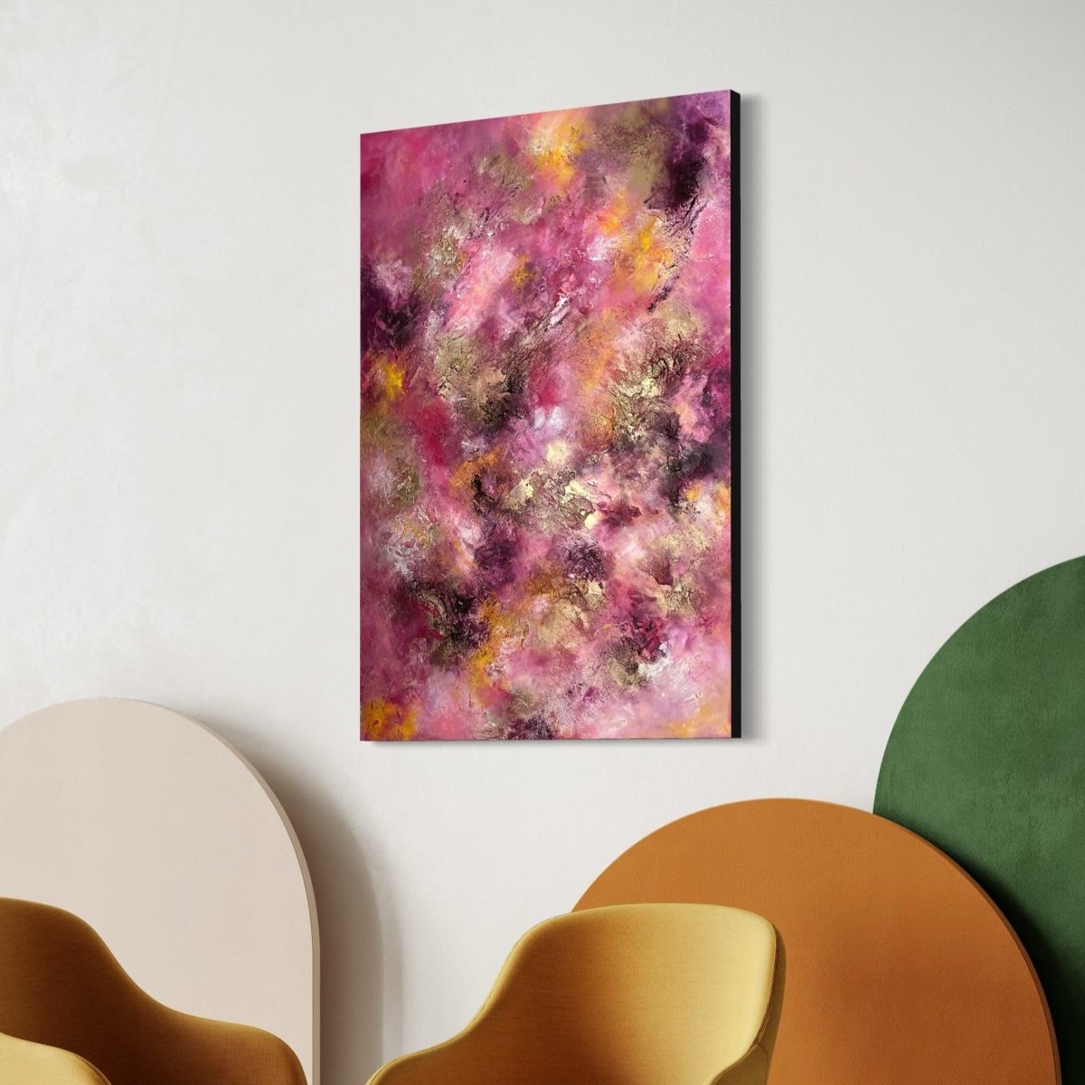 „Magnolia", exklusives abstraktes Kunstwerk von Sabine Runge, bunt, farbenfroh und auffällig mit Gold und strukturierter Oberfläche, moderne abstrakte Malerei