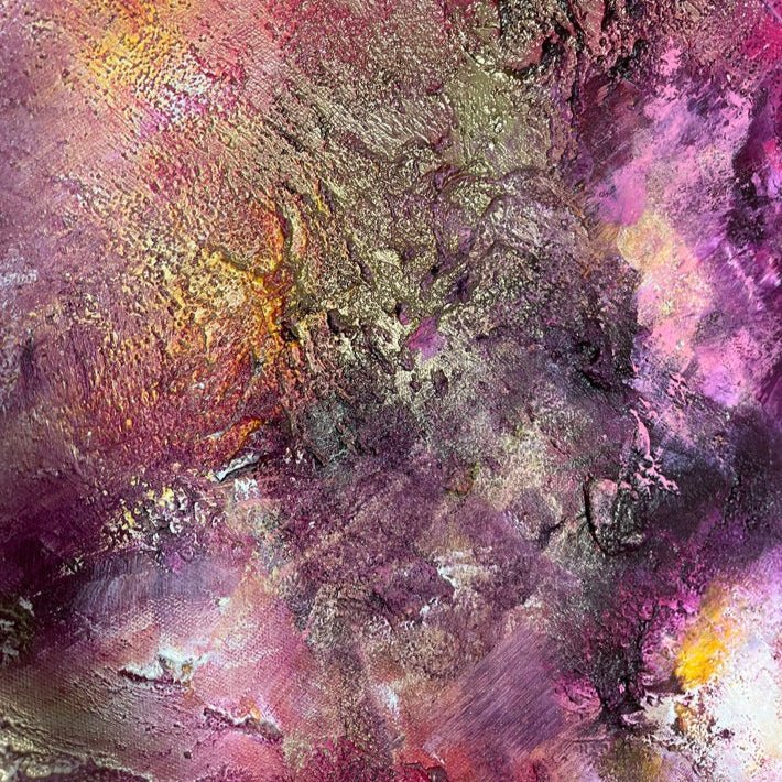 „Magnolia", exklusives abstraktes Kunstwerk von Sabine Runge, bunt, farbenfroh und auffällig mit Gold und strukturierter Oberfläche, moderne abstrakte Malerei