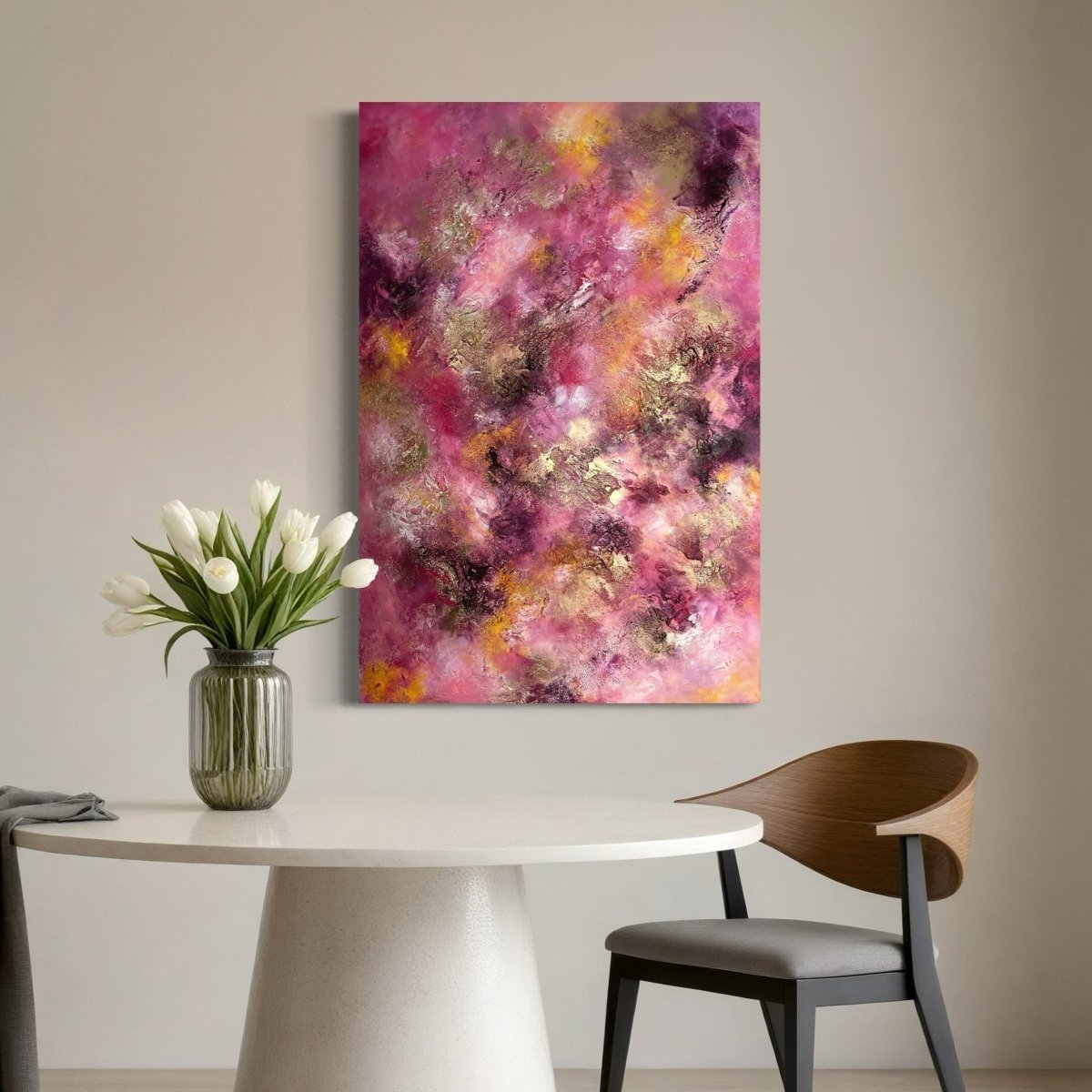 „Magnolia", exklusives abstraktes Kunstwerk von Sabine Runge, bunt, farbenfroh und auffällig mit Gold und strukturierter Oberfläche, moderne abstrakte Malerei