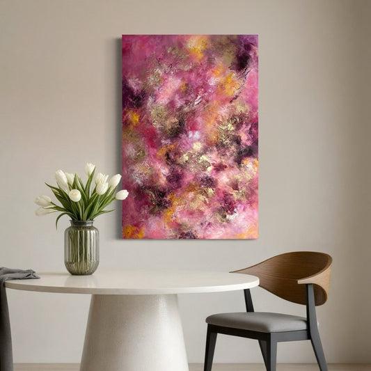 „Magnolia", exklusives abstraktes Kunstwerk von Sabine Runge, bunt, farbenfroh und auffällig mit Gold und strukturierter Oberfläche, moderne abstrakte Malerei