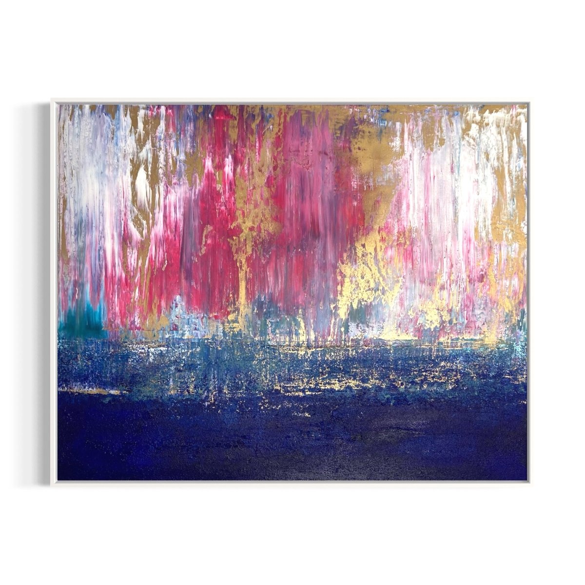 „Mr. Blue Sky", exklusives abstraktes Kunstwerk von Sabine Runge in Blau, Pink und Gold mit einzigartiger Struktur, moderne abstrakte Malerei, gerahmt in Schattenfuge
