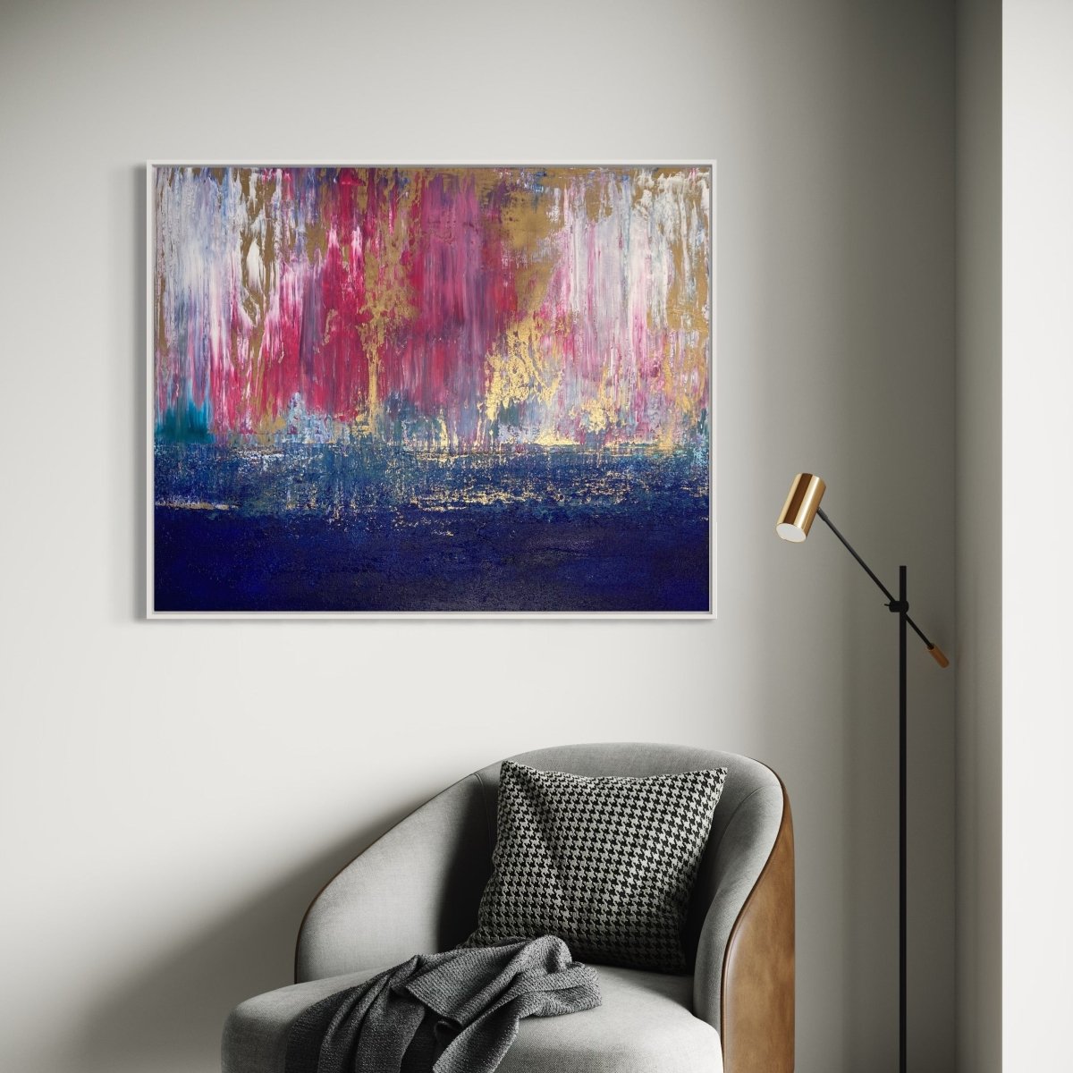 Exklusives Kunstwerk "Mr. Blue Sky" von Sabine Runge, moderne abstrakte Malerei in Blau, Pink und Gold mit einzigartiger Struktur, elegant im Interior präsentiert