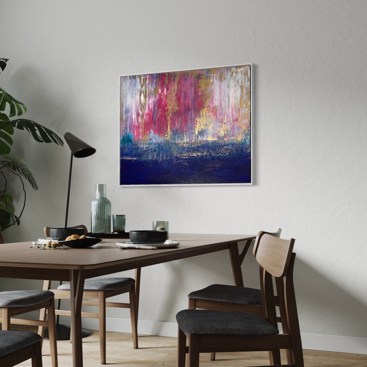„Mr. Blue Sky", abstraktes Gemälde von Sabine Runge in Blau, Pink und Gold, einzigartige Struktur, moderne abstrakte Malerei im stilvollen Luxus-Interior