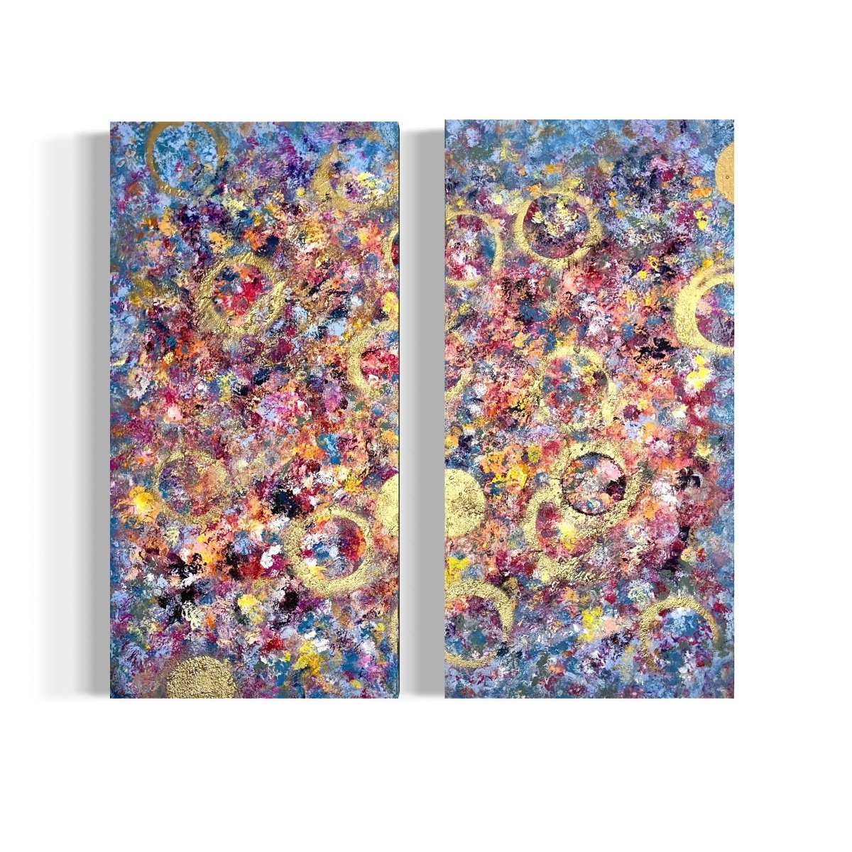 "Out of the Bubble", abstraktes Diptychon von Sabine Runge, bunt, farbenfroh mit strukturierter Oberfläche, moderne abstrakte Malerei