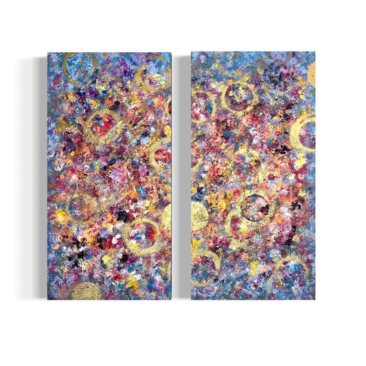 "Out of the Bubble", abstraktes Diptychon von Sabine Runge, bunt, farbenfroh mit strukturierter Oberfläche, moderne abstrakte Malerei