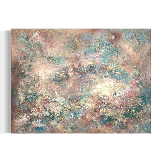 „Sintra", exklusives abstraktes Kunstwerk von Sabine Runge, mediterranes Gemälde in sanften erdigen Farbtönen mit Gold und feiner Struktur, moderne abstrakte Malerei