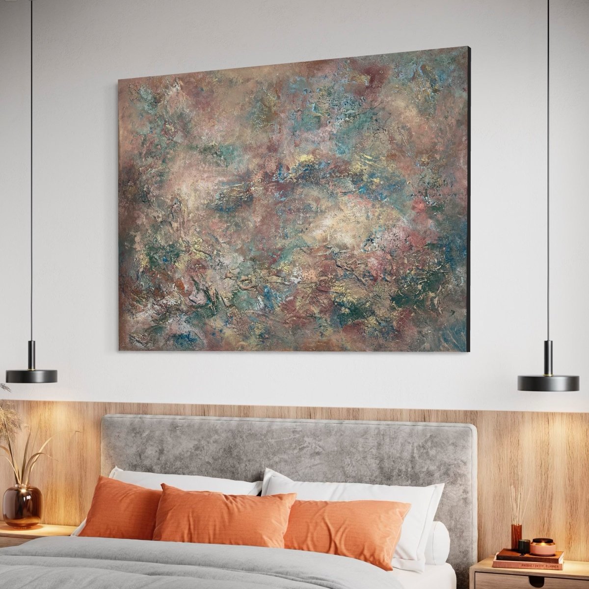 Exklusives Kunstwerk "Sintra" von Sabine Runge, mediterranes abstraktes Gemälde mit sanften erdigen Farbtönen, Gold und feiner Struktur, elegant im Interior präsentiert
