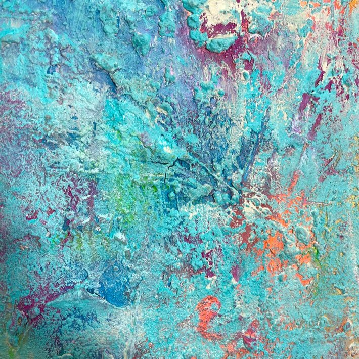 „Urban Spirit", Detailansicht des Kunstwerks von Sabine Runge in Neonfarben, strukturierte Oberfläche, moderne abstrakte Malerei