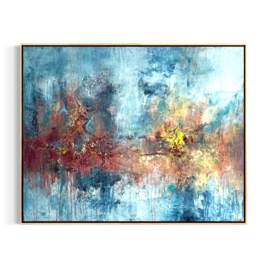 „Whispers Between Worlds" exklusives abstraktes Kunstwerk von Sabine Runge in Blau, Rot und Gelb mit Gold, moderne abstrakte Malerei, weiß gerahmt in Schattenfuge