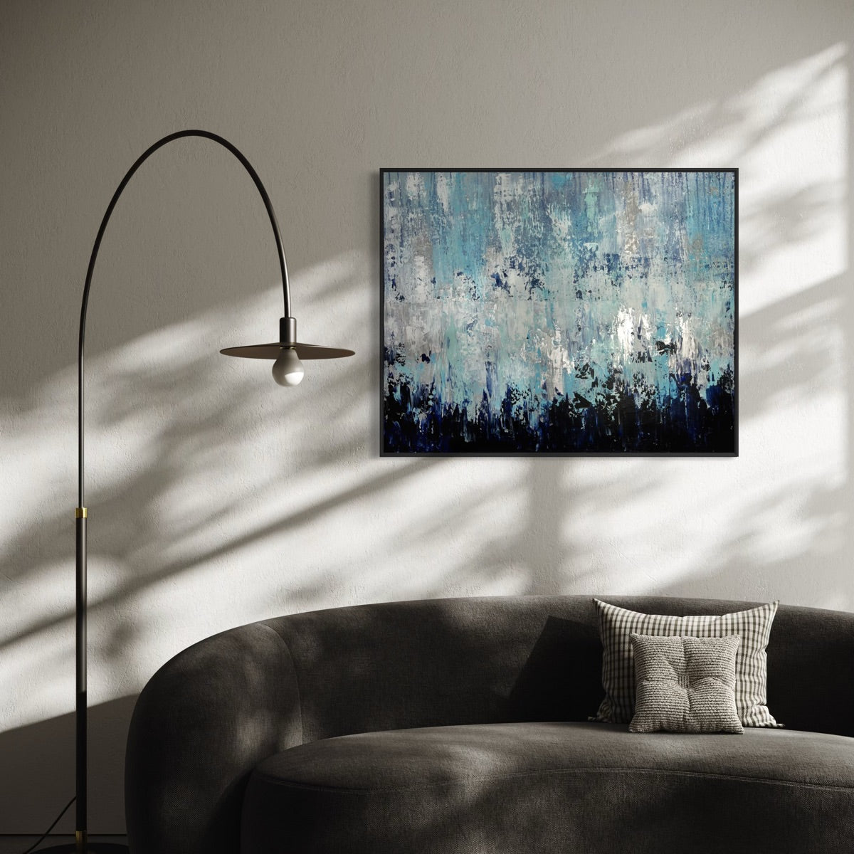 Abstrakte Wandkunst über Sofa, texturiertes Original-Gemälde blau