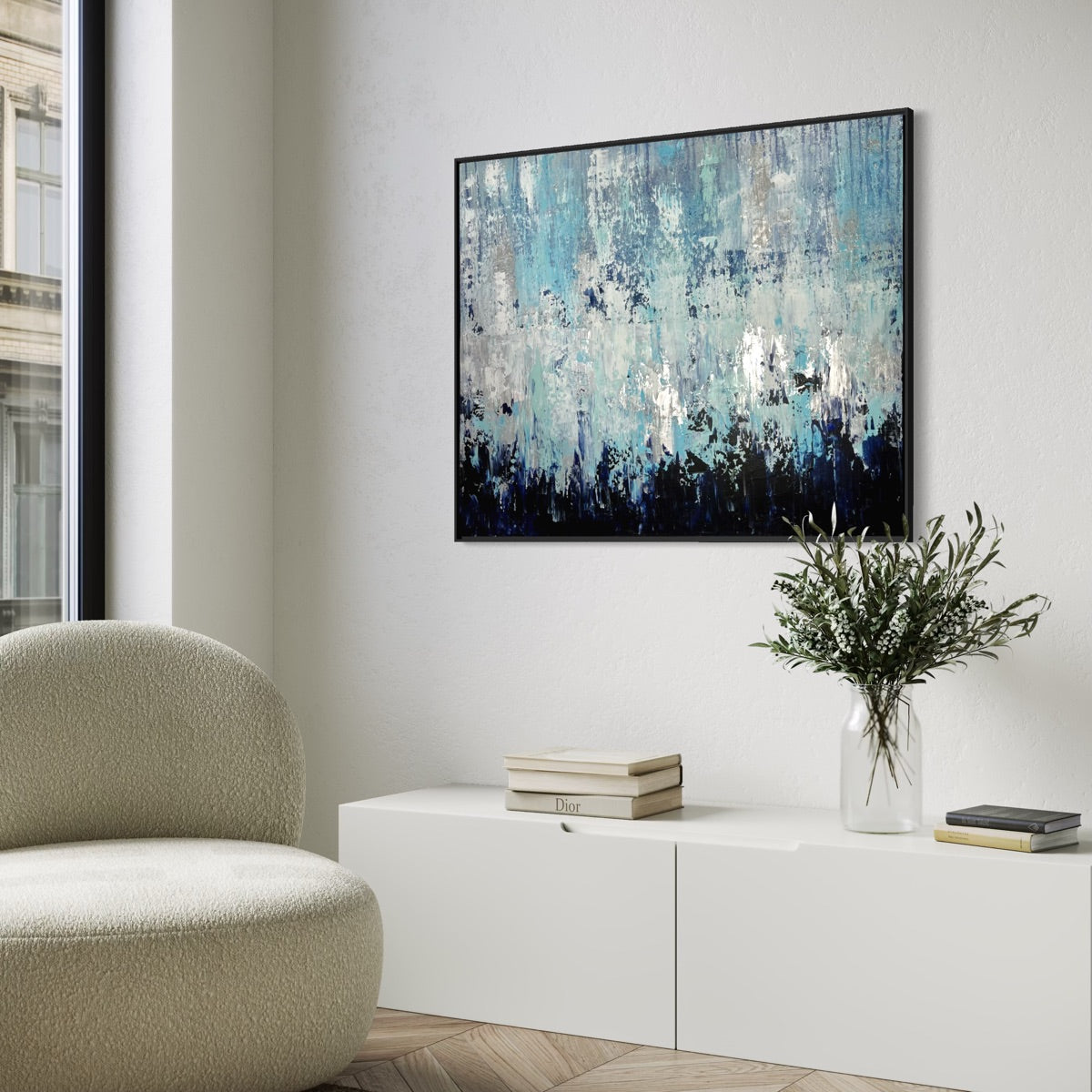 Großformatiges Wandbild Wohnzimmer, abstrakte Kunst blau, Original Acrylgemälde
