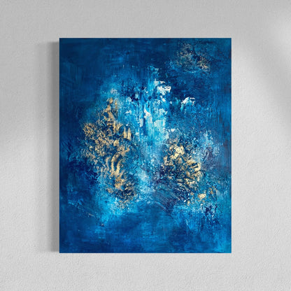 Abstraktes Gemälde "Blue Escape" in Blau und Gold – Original Acrylbild von Sabine Runge