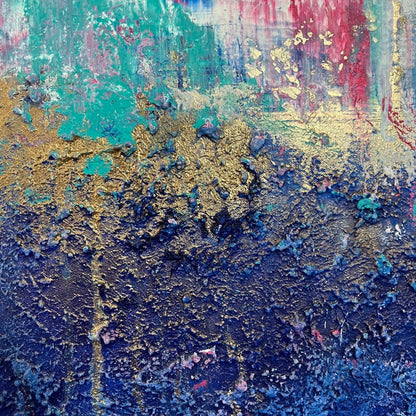 Celestial Bloom – abstraktes Gemälde in Blau, Pink und Gold von Sabine Runge, 100 × 70 cm, Ansicht 2