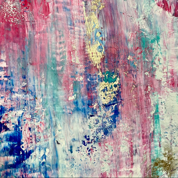 Celestial Bloom – abstraktes Gemälde in Blau, Pink und Gold von Sabine Runge, 100 × 70 cm, Ansicht 3
