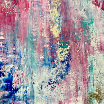 Celestial Bloom – abstraktes Gemälde in Blau, Pink und Gold von Sabine Runge, 100 × 70 cm, Ansicht 3