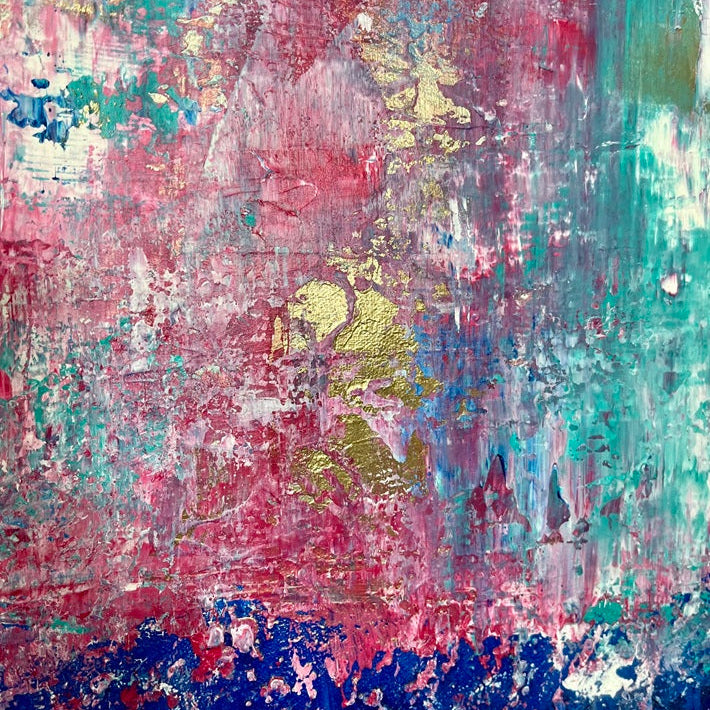 Celestial Bloom – abstraktes Gemälde in Blau, Pink und Gold von Sabine Runge, 100 × 70 cm, Ansicht 4