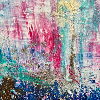 Celestial Bloom – abstraktes Gemälde in Blau, Pink und Gold von Sabine Runge, 100 × 70 cm, Ansicht 5