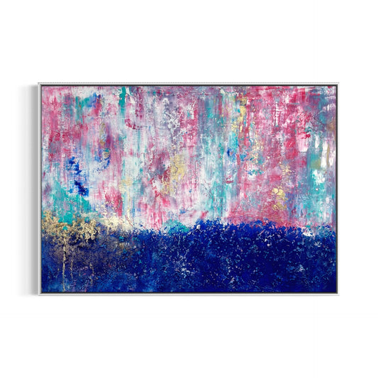 Abstraktes Gemälde in Blau, Pink und Gold – „Celestial Bloom“ von Sabine Runge, 100 × 70 cm