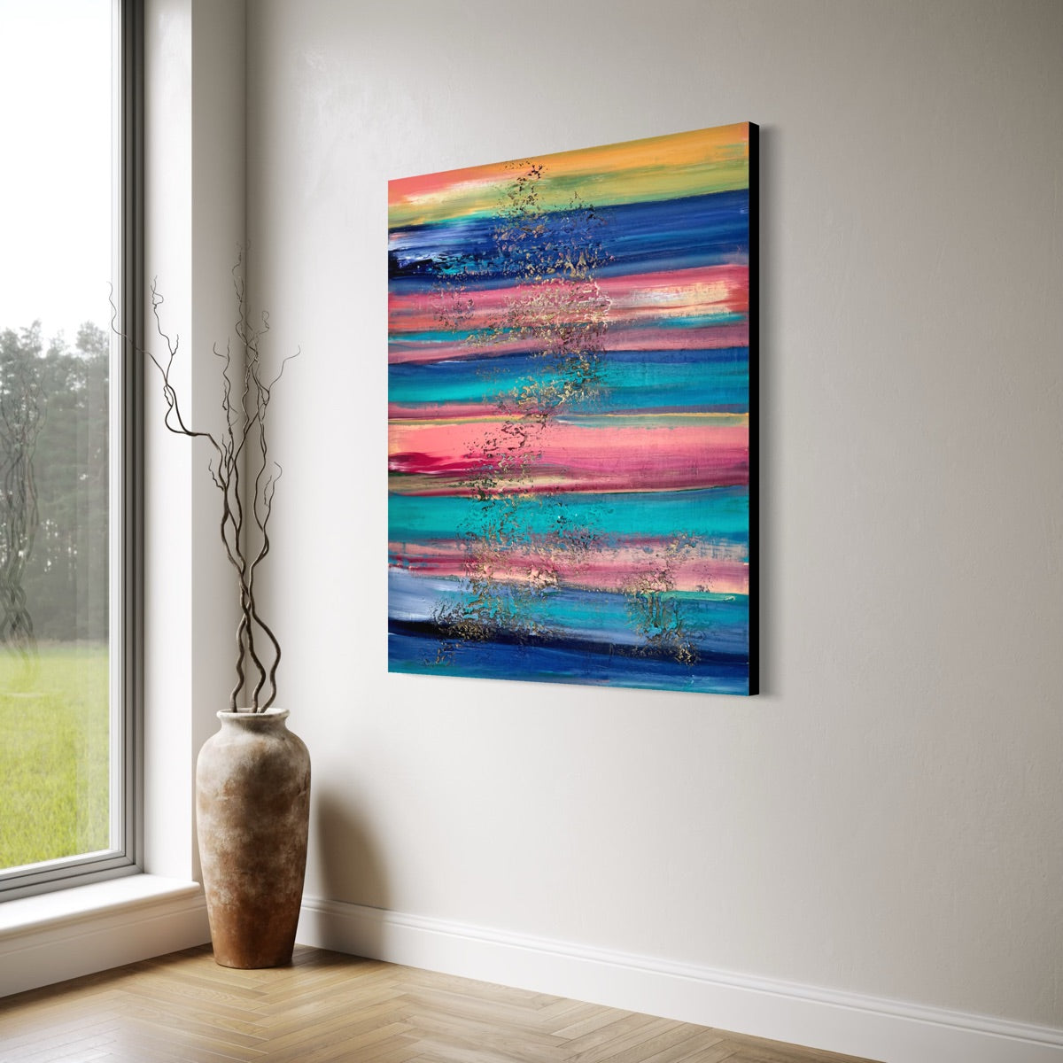 Abstraktes Originalgemälde kaufen – Sunset Stripes, horizontale Streifen in Pink, Türkis, Blau und Gold, Galerieleinwand, Sabine Runge