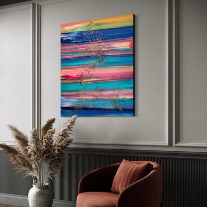 Originales abstraktes Gemälde Sunset Stripes – farbenfrohe Streifenkomposition mit Goldakzenten, im klassischen Wohnzimmer, Sabine Runge