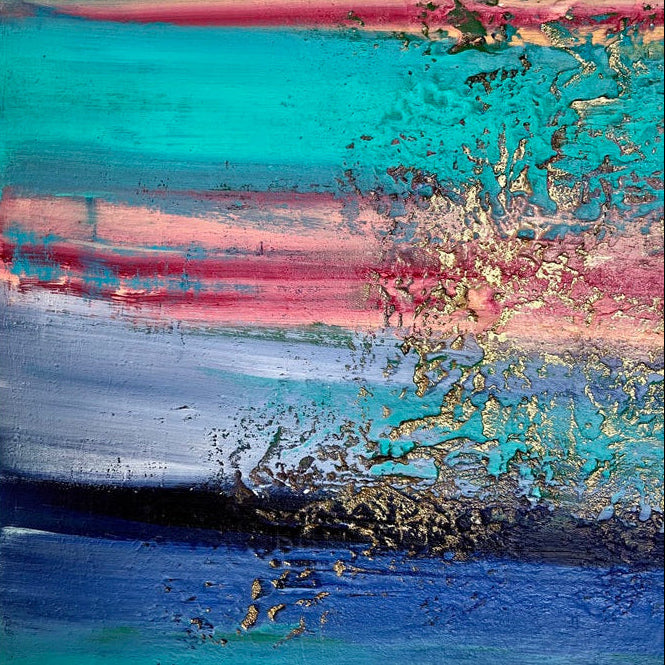 Detailaufnahme – dreidimensionale Goldstruktur auf abstraktem Gemälde Sunset Stripes auf Acryl, Sabine Runge