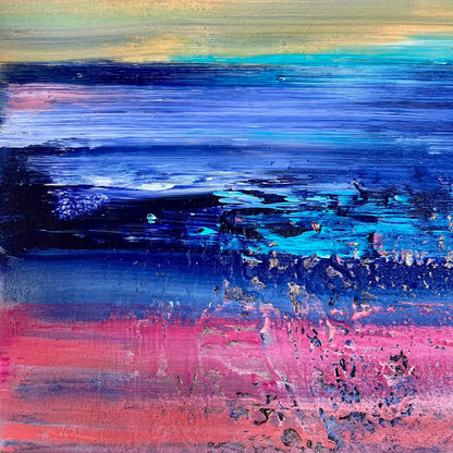 Detailaufnahme – Goldakzente auf abstraktem Gemälde Sunset Stripes, Türkis, Pink und Gold, Acryl mit Strukturpaste, Sabine Runge