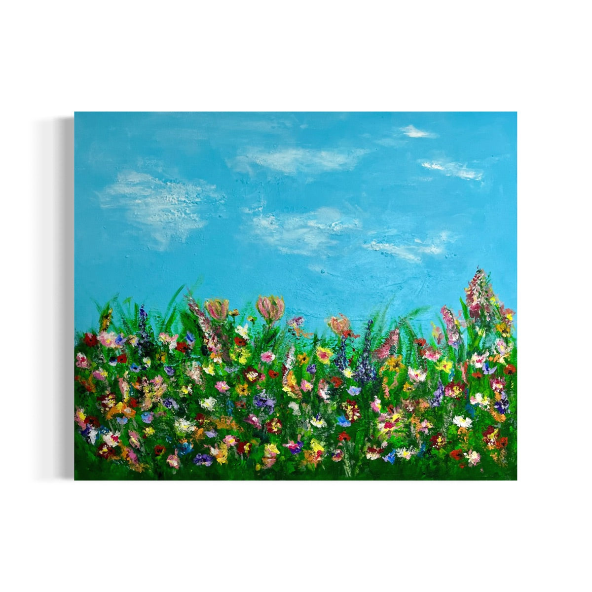 Originalgemälde Wildflower Field – Wildblumenwiese mit türkisblauem Himmel, handgemalt in Acryl auf Leinwand, Sabine Runge