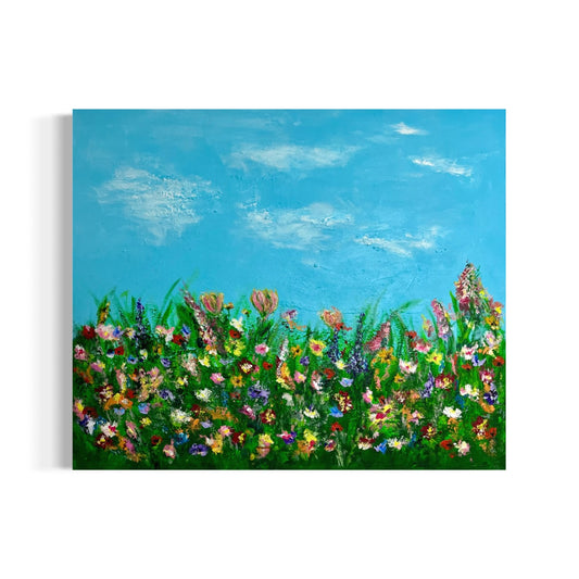 Originalgemälde Wildflower Field – Wildblumenwiese mit türkisblauem Himmel, handgemalt in Acryl auf Leinwand, Sabine Runge